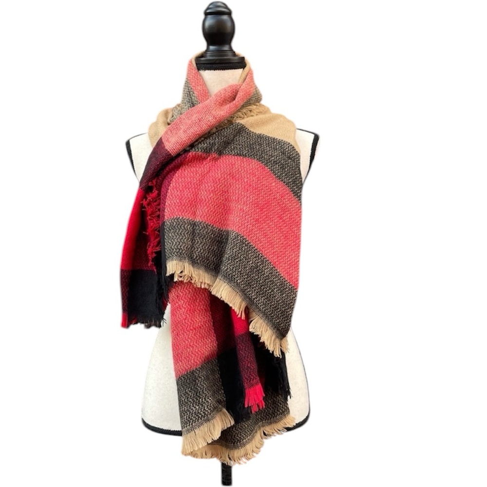Oversized Plaid Fringe Warm Cozy Winter Fall Scarf Red Black Tan